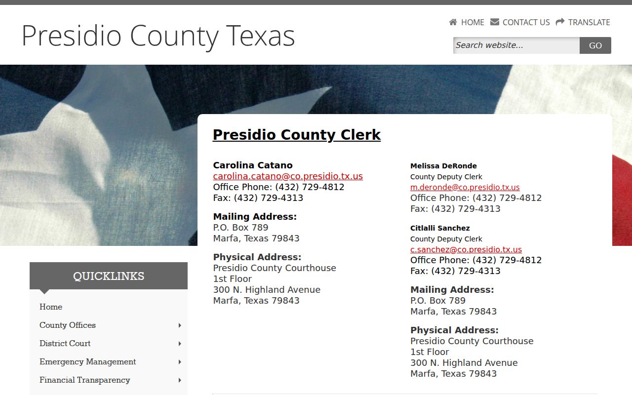 Presidio County warrant records: County Clerk contact and courthouse location