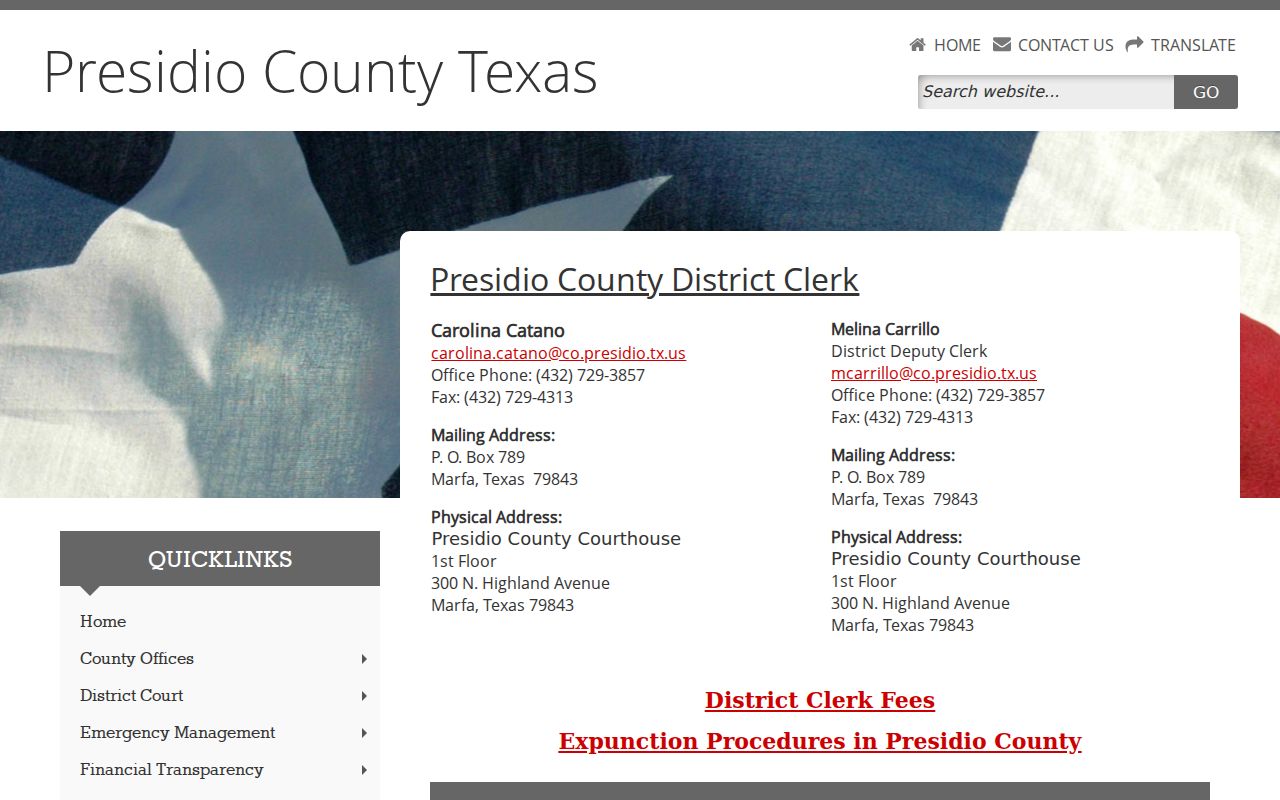 Presidio County warrant records: District Clerk office and courthouse contact