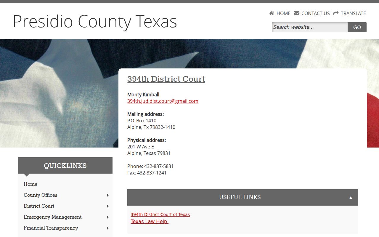 Presidio County arrest and warrant records: 394th District Court contact panel