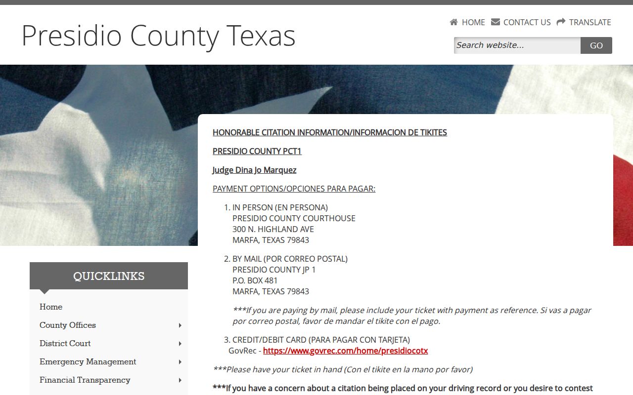 Presidio County bench warrant records: JP1 citation payment information in English and Spanish