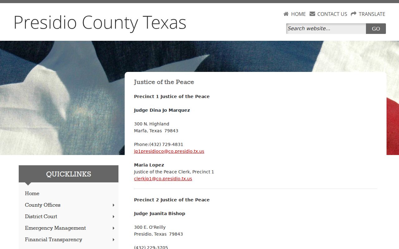 Presidio County warrant records: JP1 and JP2 court contact page
