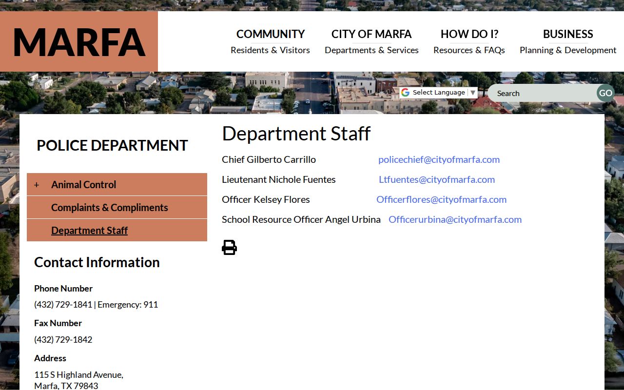 Marfa warrant records: Marfa Police Department staff and contact page