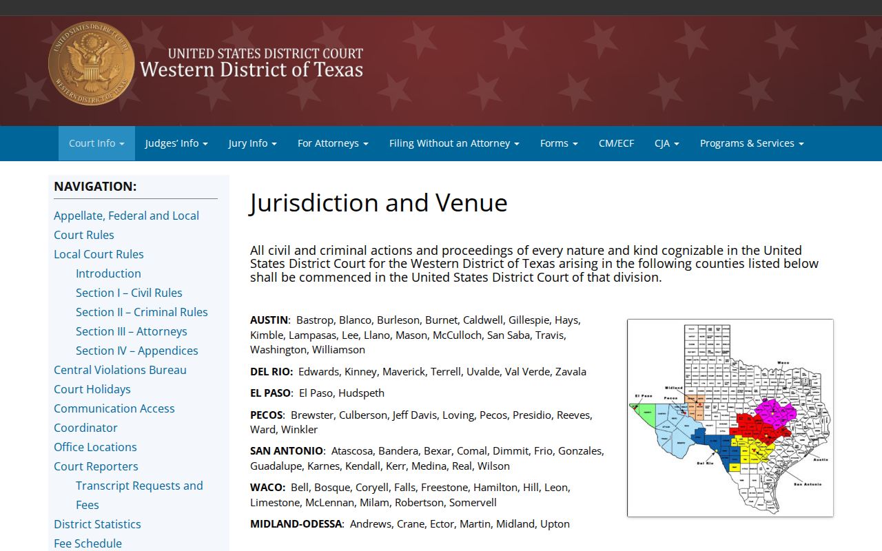 Presidio County arrest warrant records: Western District of Texas venue map for Presidio and Pecos